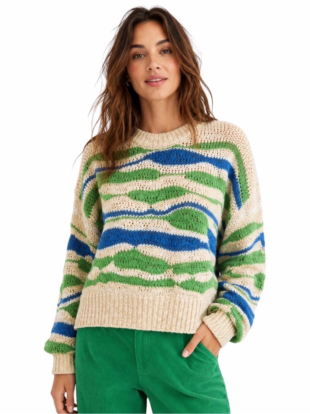 Aerie – Intarsia Knit Sweater – Green Blue Cream Stripe – Size XS